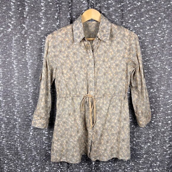 Liz Claiborne Women's Beige White‎ Floral 3/4 Sleeve Drawstring Waist Blouse - Picture 1 of 7